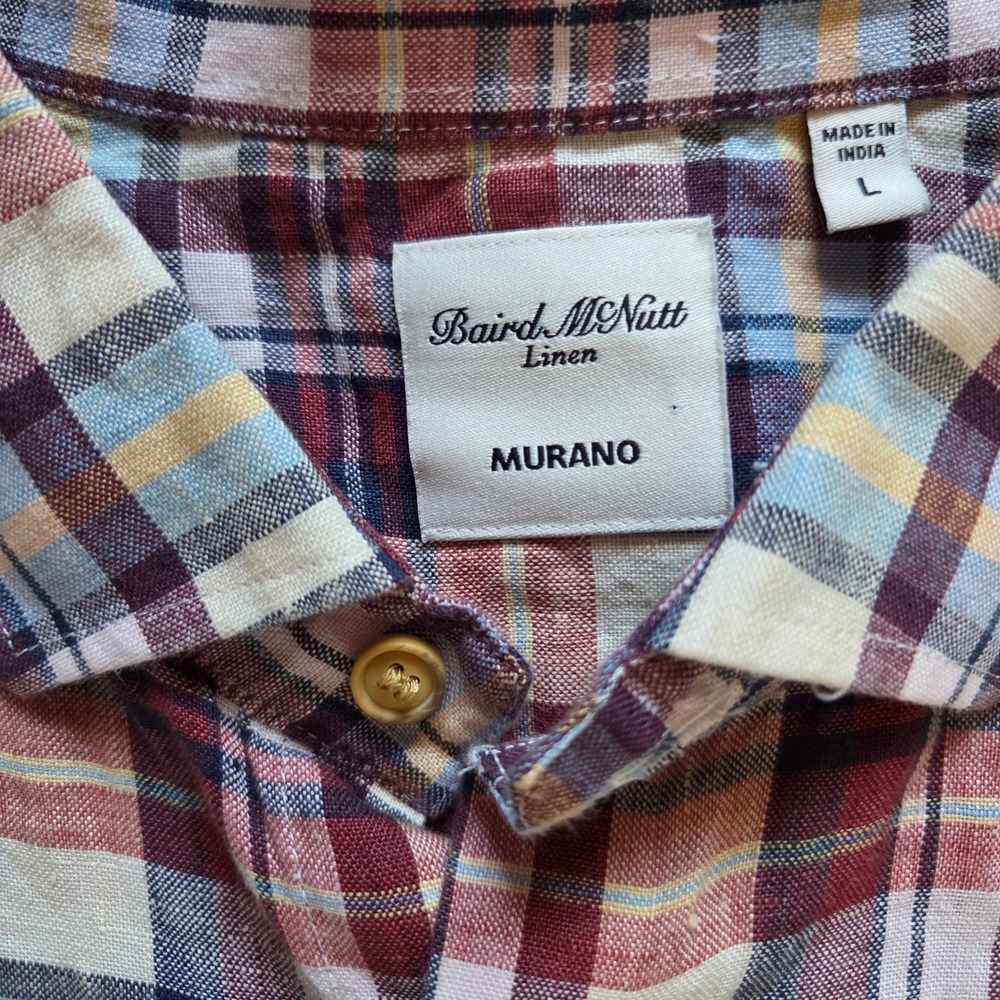 Baird McNutt NWT Murano 100% Linen Button Up Shirt Mens Lg Plaid Short Sleeves - Picture 2 of 7